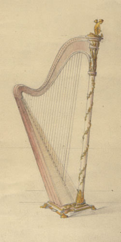 Astudiaeth dyfrlliw ar gyfer y model Empire Erard:  Etude pour une harpe Erard, N° d’inventaire D.2009.1.1631, Fonds Gaveau-Erard-Pleyel, Depot du Groupe AXA Au Musée du Palais Lascaris, Nice